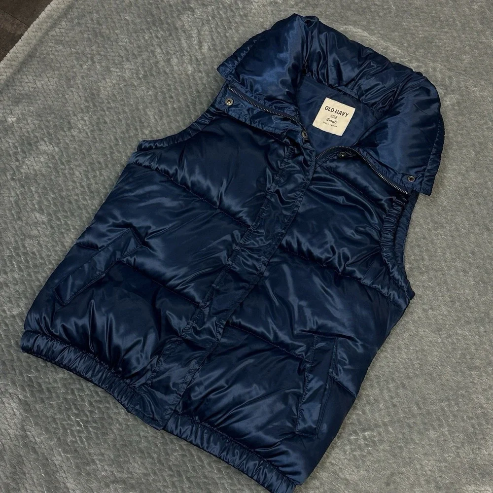 Old Navy Puffer Vest Jacket Womens Size S Blue Full Zipper Sleeveless 100% Nylon